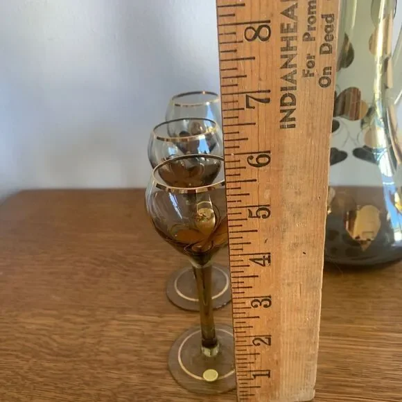 Vintage Made In Hungary ART Glass Decanter Glasses Set Hand Painted Gold Trim